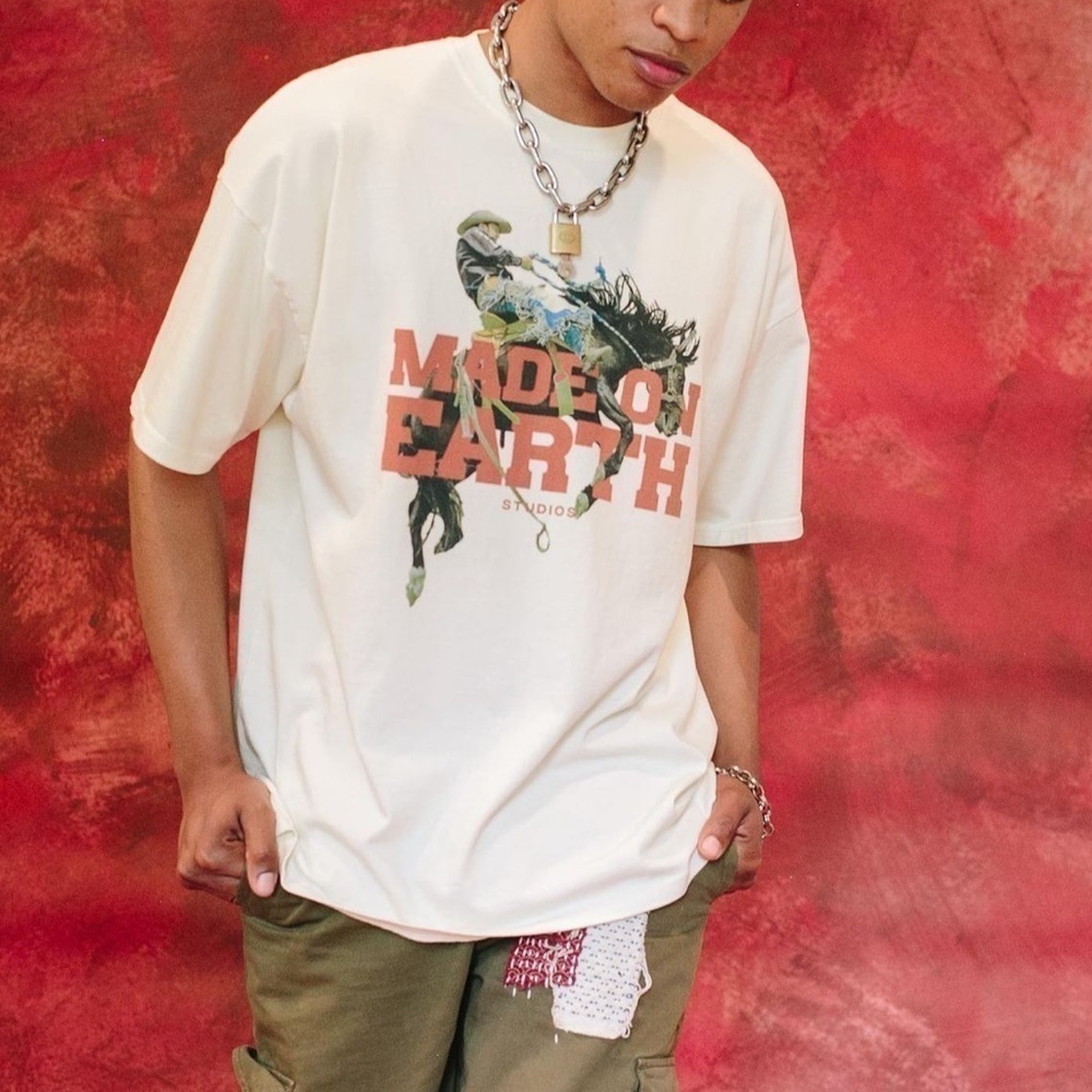 Made on Earth Studios rodeo cotton men's beige t-shirt- Size Small or XS